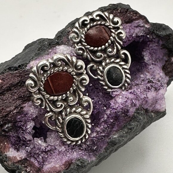 Brighton Leonardo Earrings Silver Filigree Leather Cabochon Croc Embossed - Picture 1 of 10